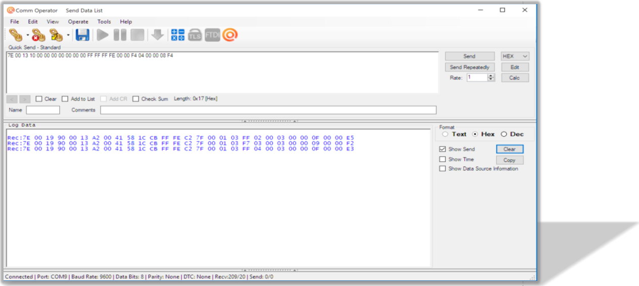 Figure 13: Run mode packets being received in a terminal (Hex mode)