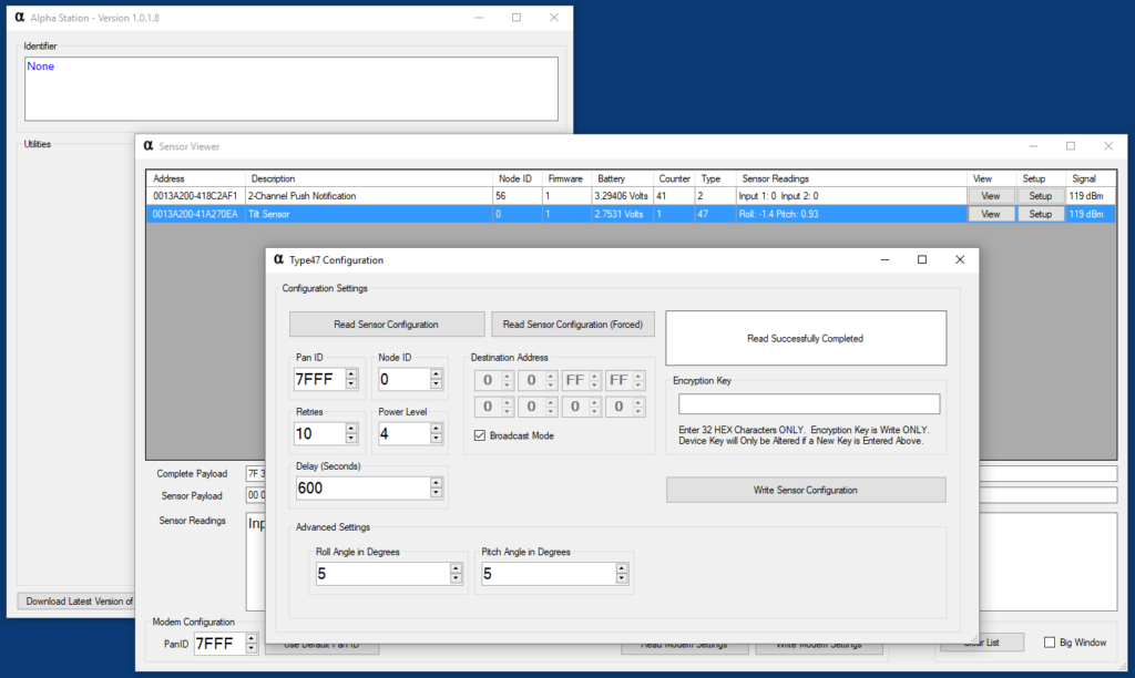 Wireless Tilt Sensor User Interface - Configuration Mode