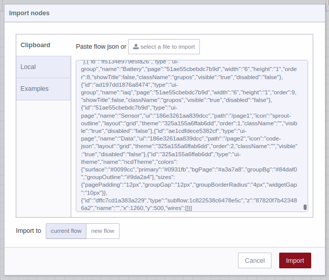 Import nodes in current workspace Node-RED