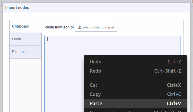 Node RED pasting json code