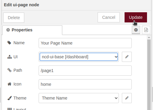 NCD Nodered Dashboard 2 Edit Pages node update - Machine Uptime Sensor