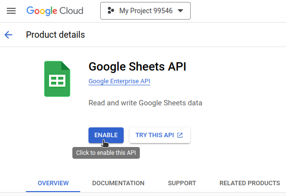 Google console sheets enable API