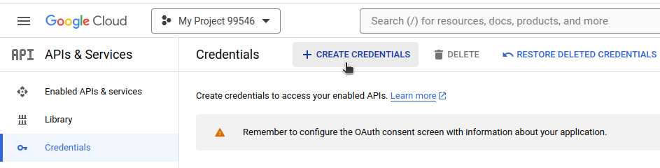 Google console sheets create credentials