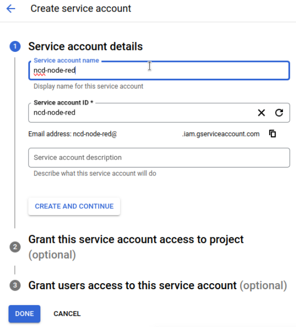 Google console sheets create service account name