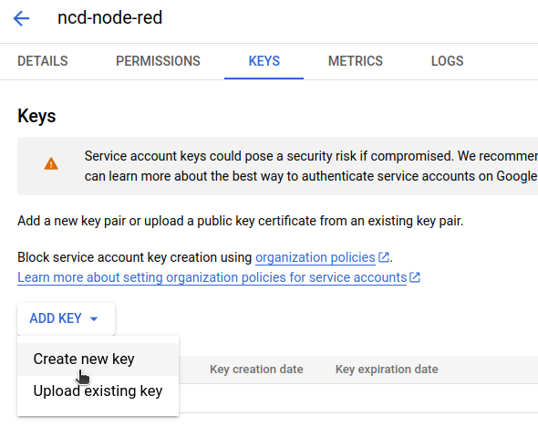 Google console sheets create keys