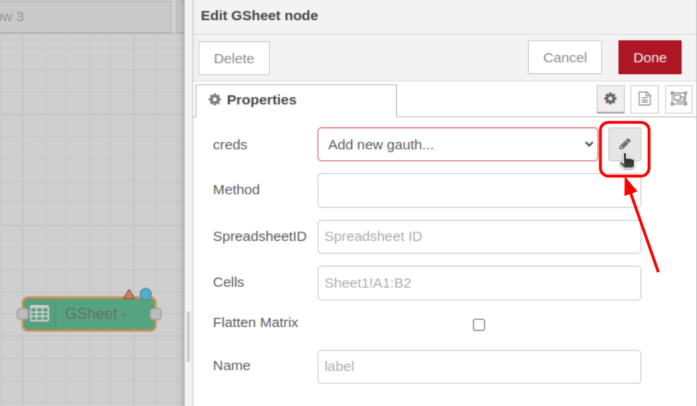 Nodered GSheet creds property