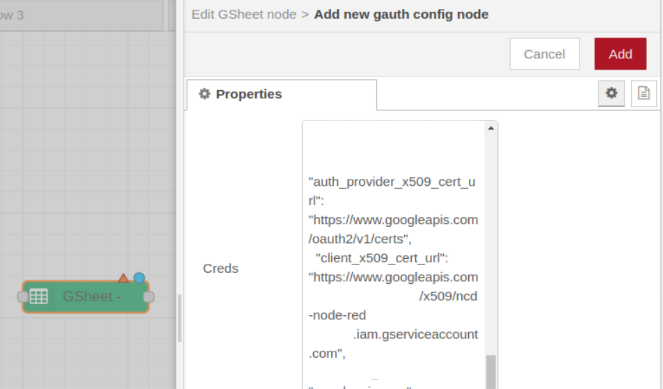 Nodered GSheet creeds property