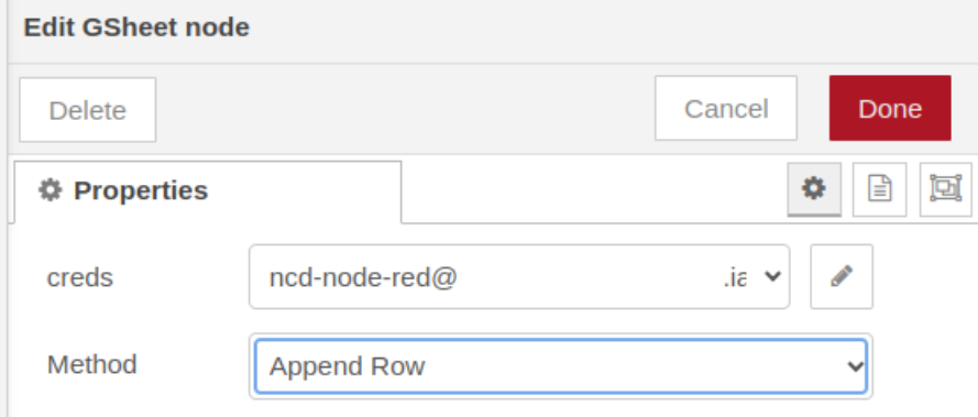 Nodered GSheet Method property