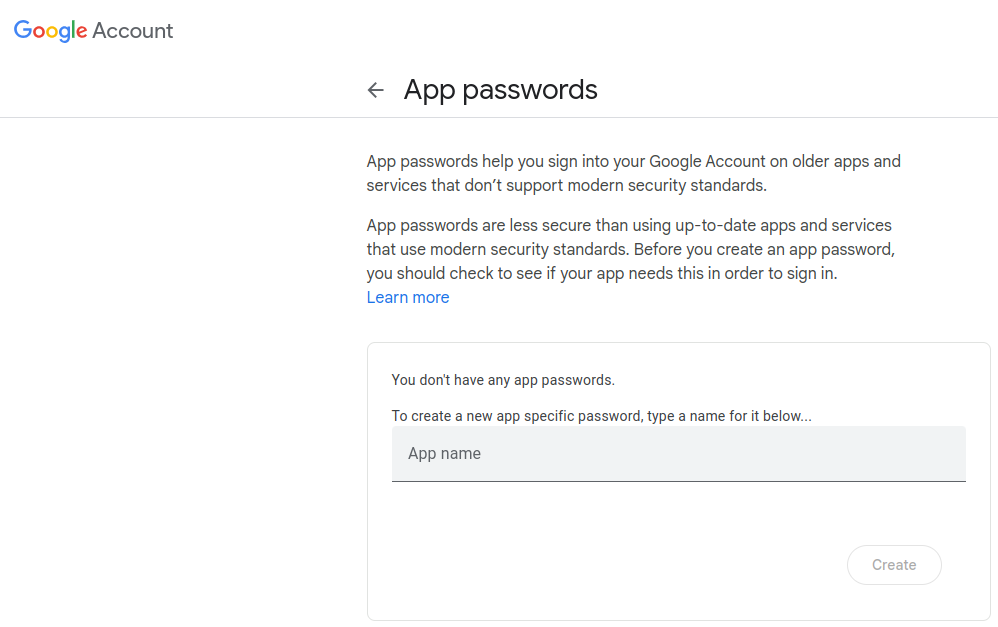 Gmail create a new app specific password