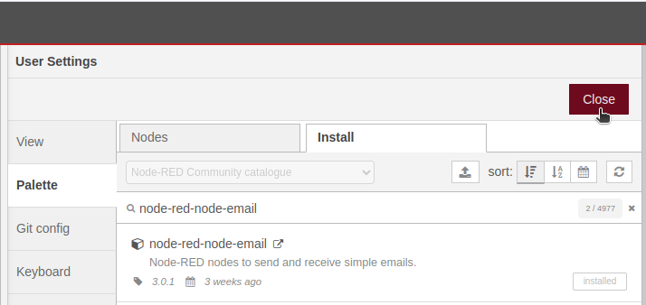 nodered email library close user settings tab