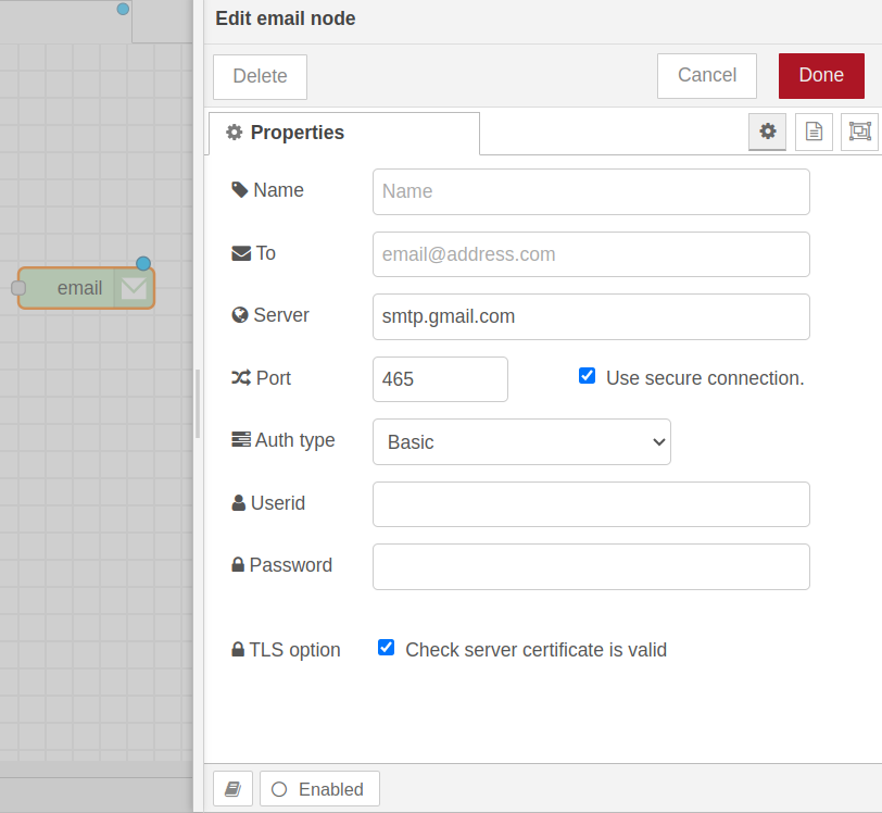 nodered email node properties