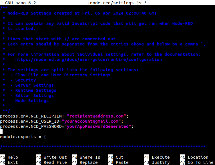 Nodered Settings file env variables