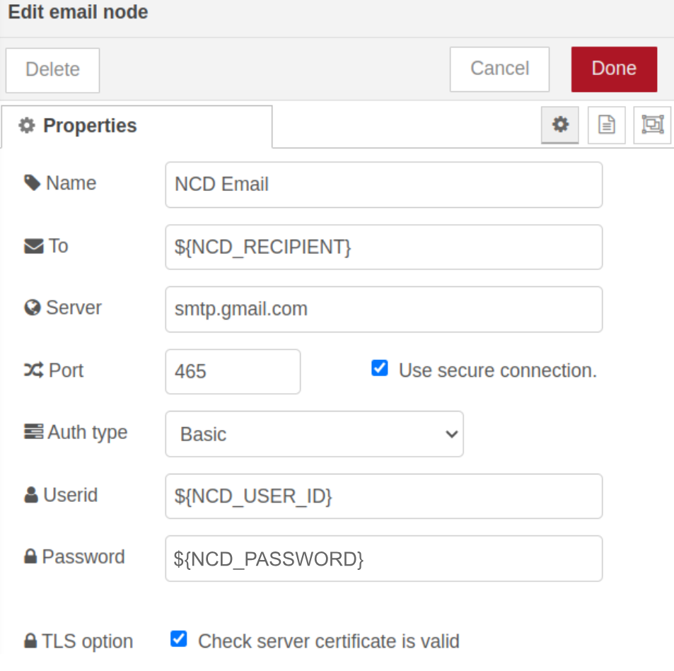 Nodered Email notification with environment variables