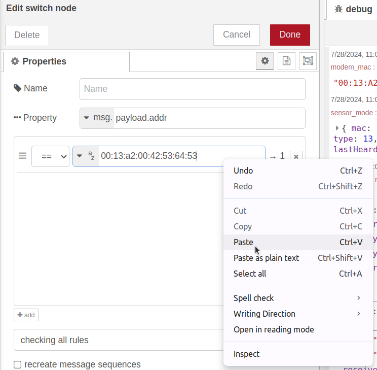 Nodered switch node filter by mac address