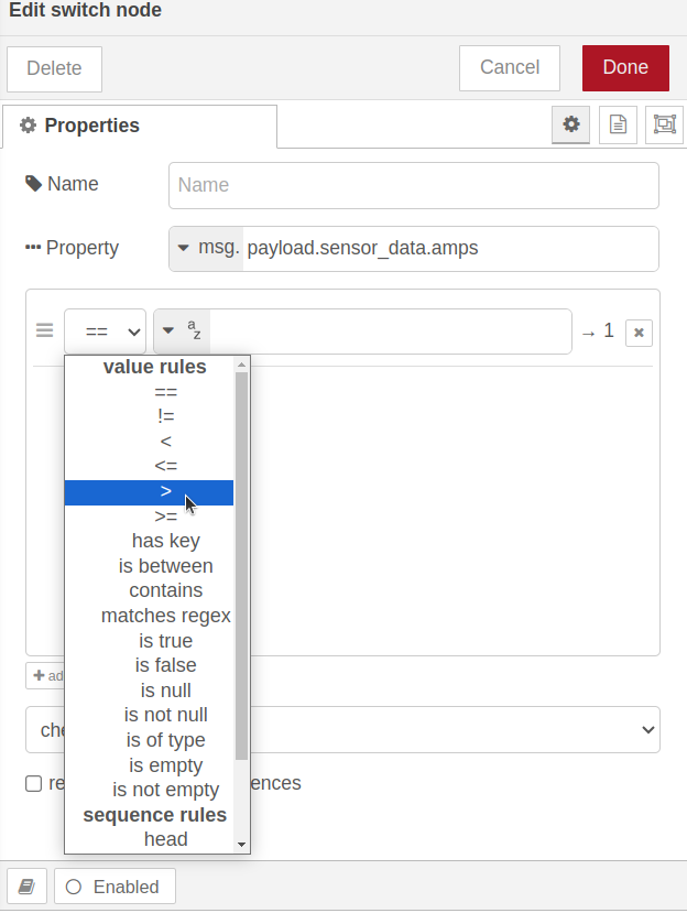 Nodered Switch node rules