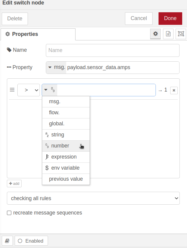 Nodered Switch node type of rule