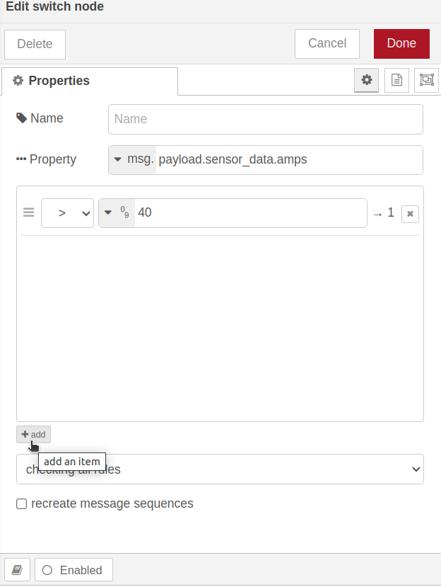 Nodered Add Item Switch node