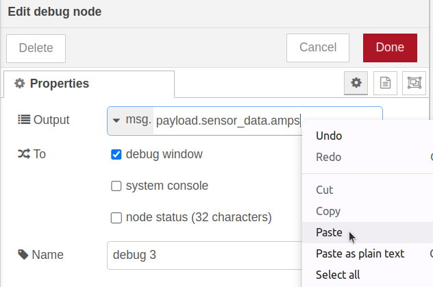 Nodered Debug node set Output property