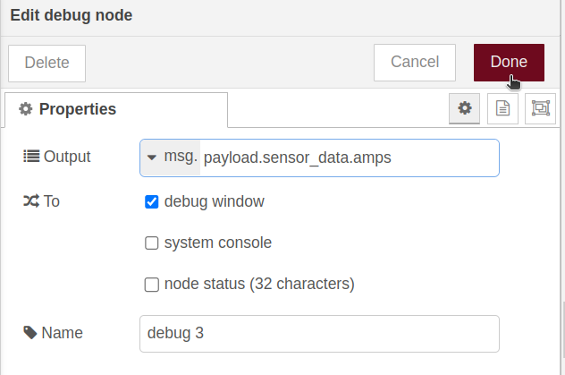 Nodered Done button Debug node