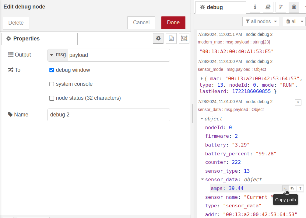 Nodered Add output property Debug node flow