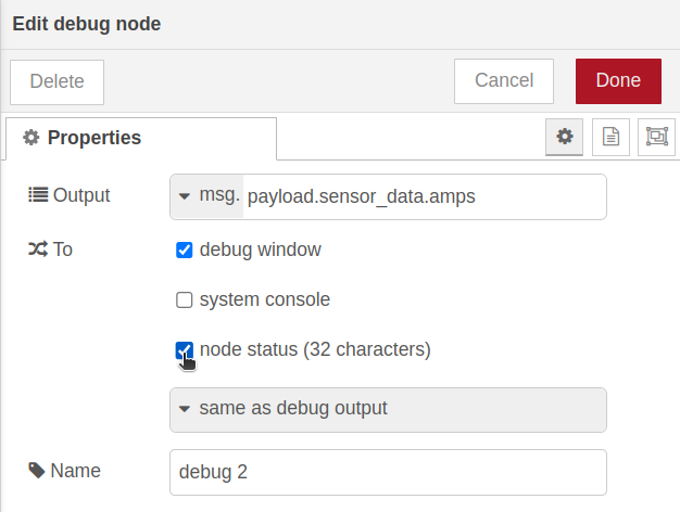 Nodered Enable Node status in Debug node