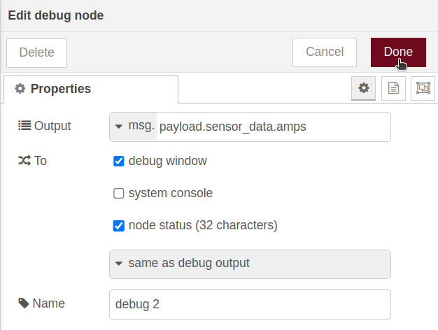 Nodered Done button Debug node