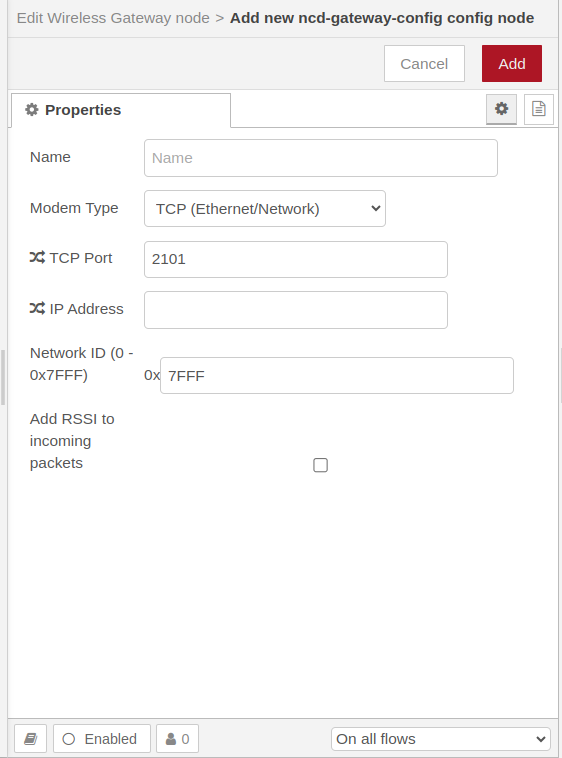 NCD Node-RED Wireless Gateway Configuration Node TCP