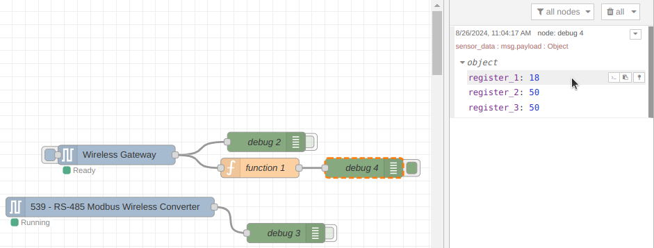 NCD Modbus RTU Process incoming data example debug window