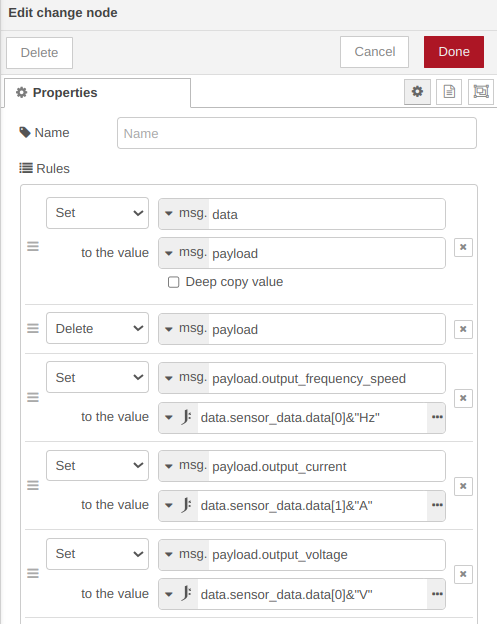 NCD Modbus RTU Adding Change Node - properties