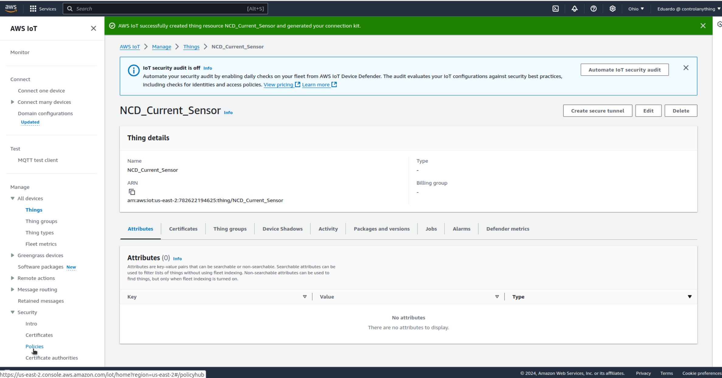 AWS IoT Core Connect a new device procedure