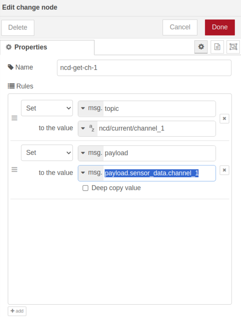 Node-RED Using Change node to get sensor data to payload