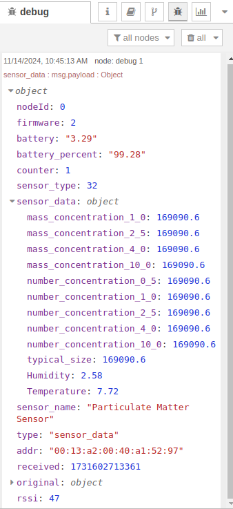 NCD sensor_data message into Debug window Node-RED