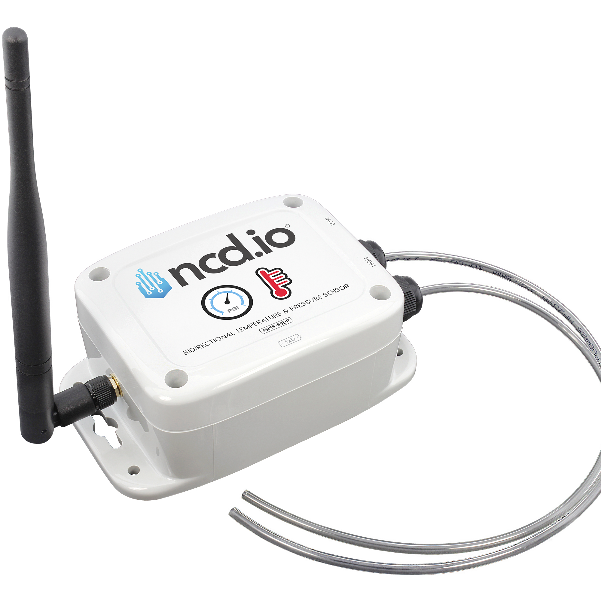 Industrial Wireless Bidirectional Differential Pressure & Temperature Sensor — angled view with both pressure tubes