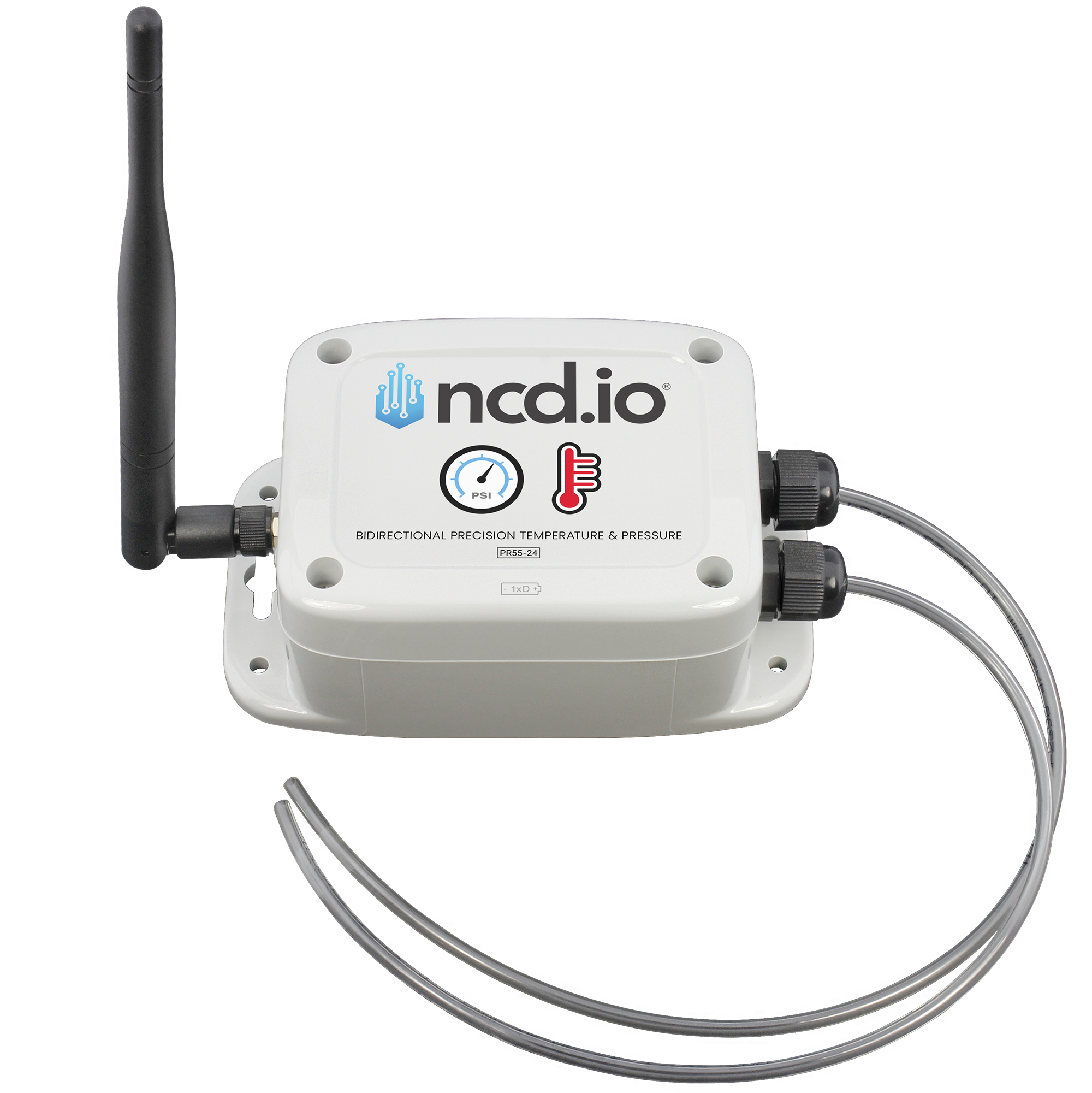 Wireless bidirectional precision temperature and pressure sensor with antenna and two clear pressure tubes