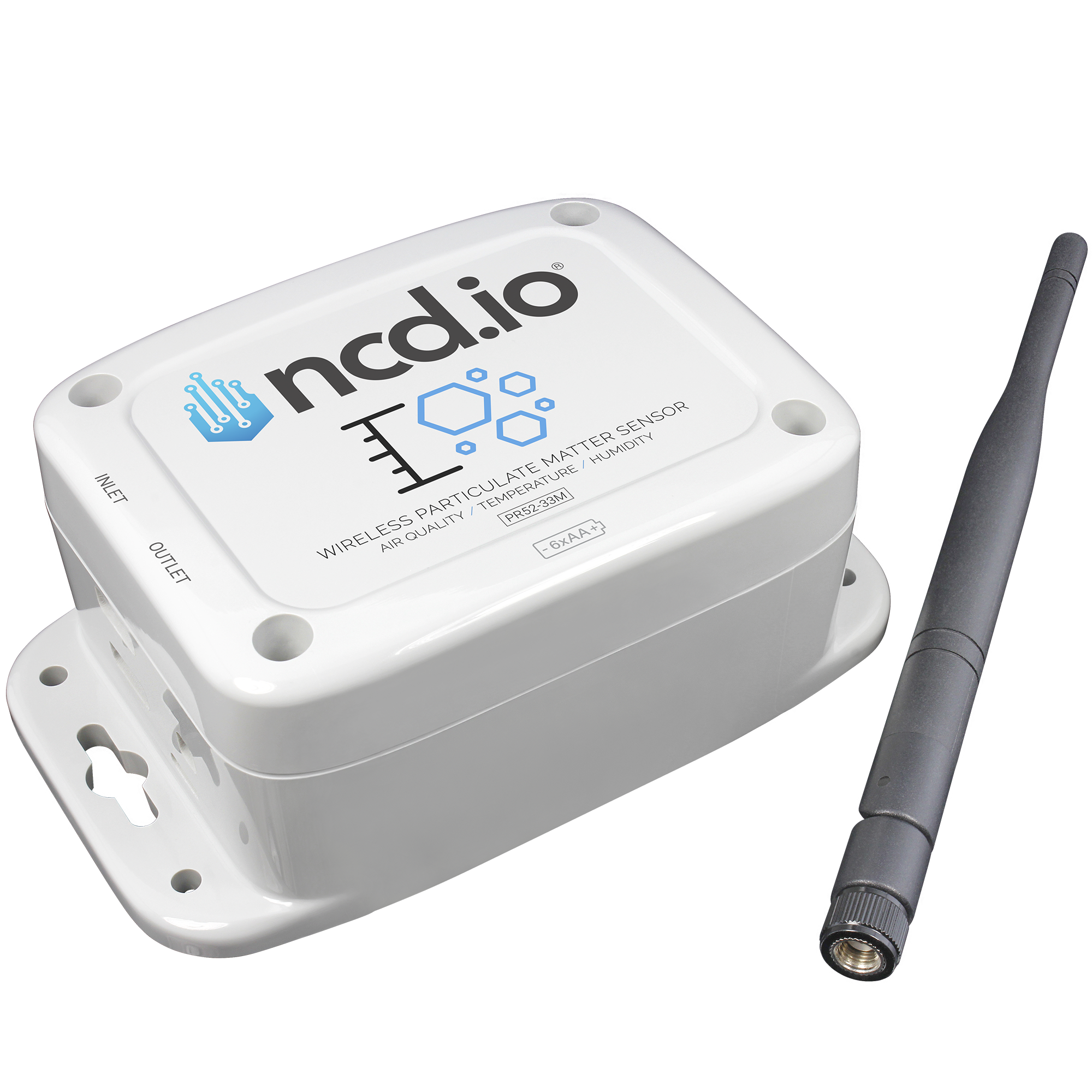 Industrial IoT Wireless Particulate Matter Sensor, angled view with antenna and mounting flange