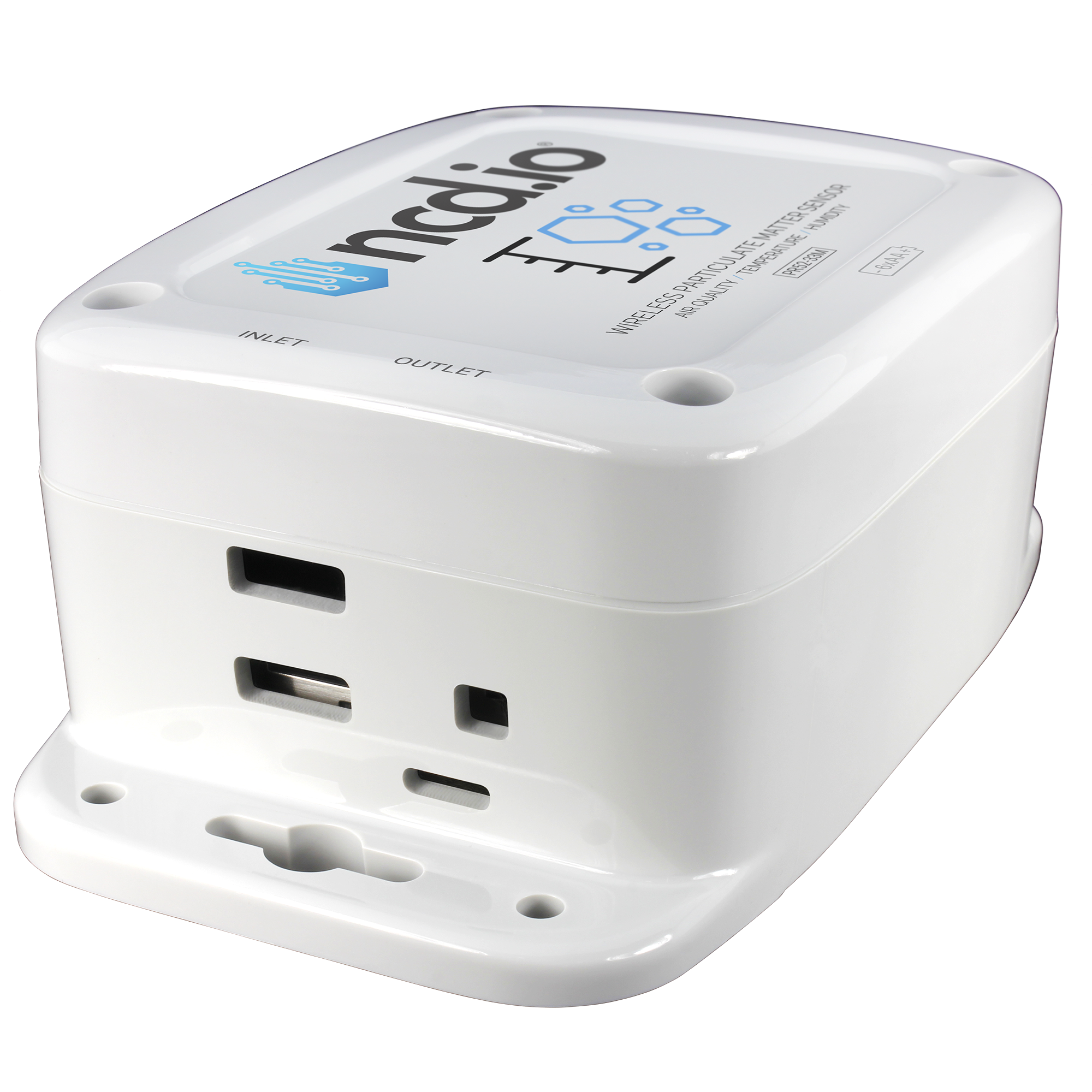 Close-up of the sensor's labeled INLET and OUTLET air ports