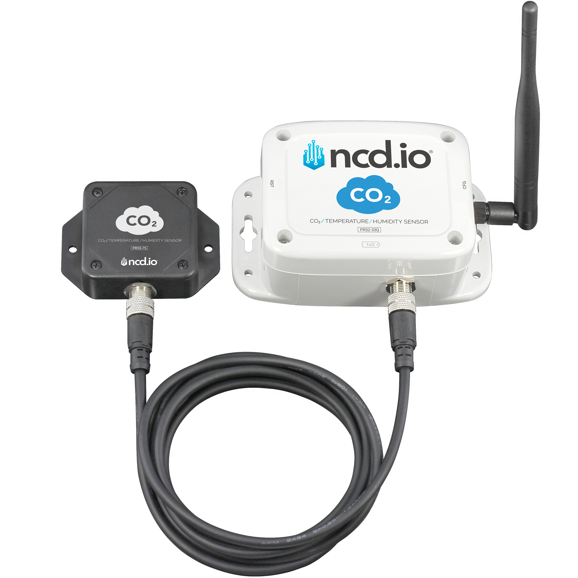 The external-probe build: the transmitter enclosure and the remote CO2 sensing head joined by a connector cable