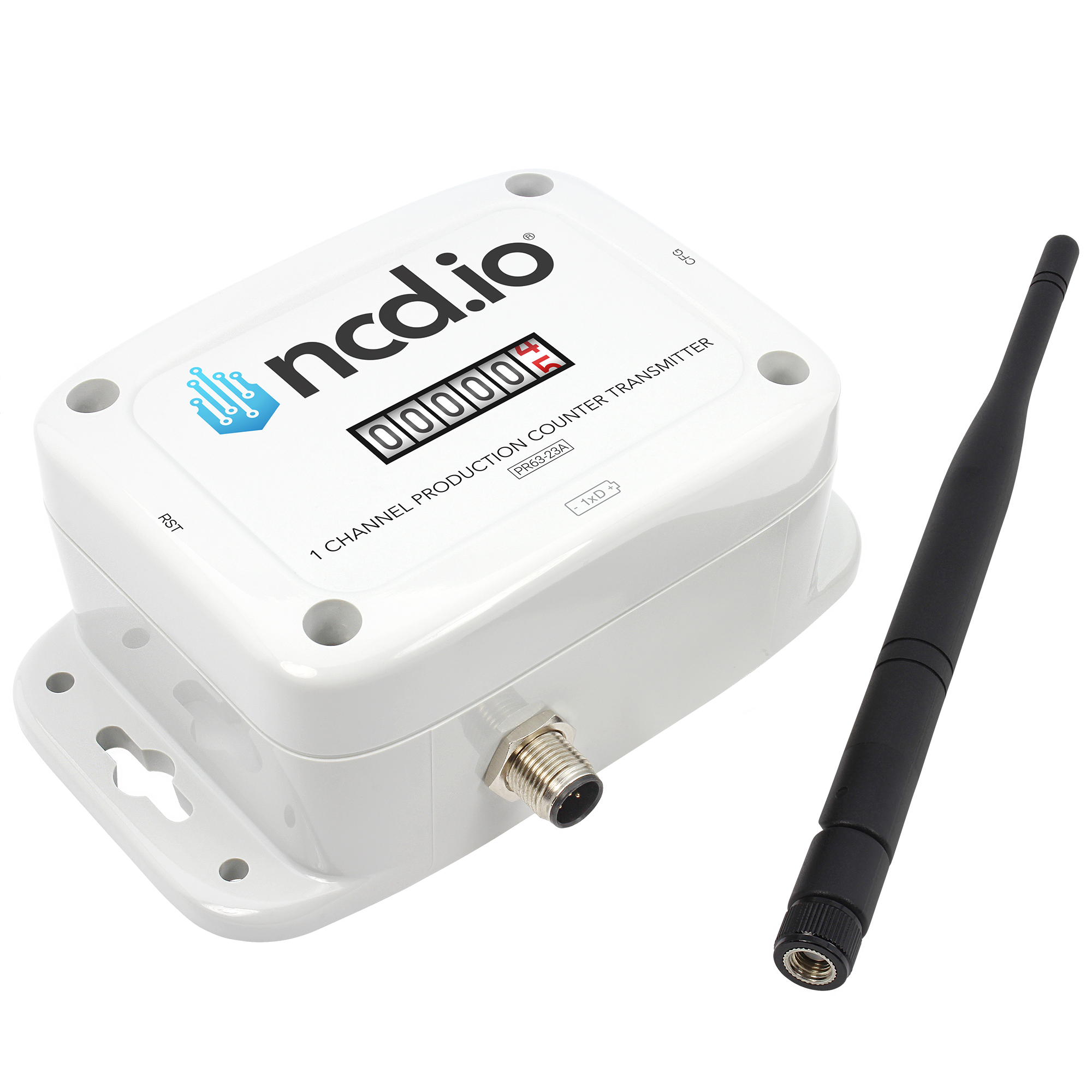 IoT Long Range Wireless Production Counter Transmitter &mdash; angled view showing the M12 sensor input and detachable antenna