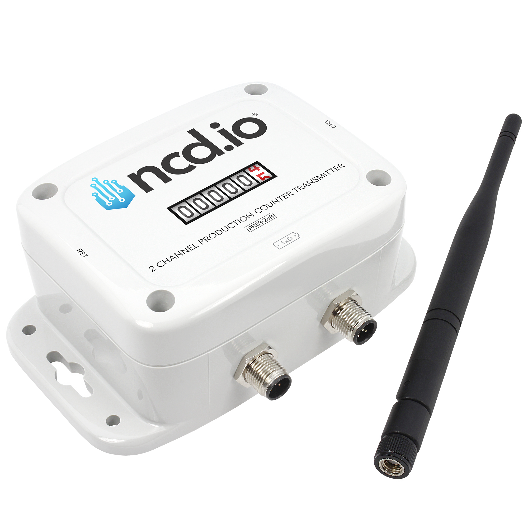 IoT Wireless 2 Channel Production Counter — angled view showing the two M12 sensor inputs and detachable antenna