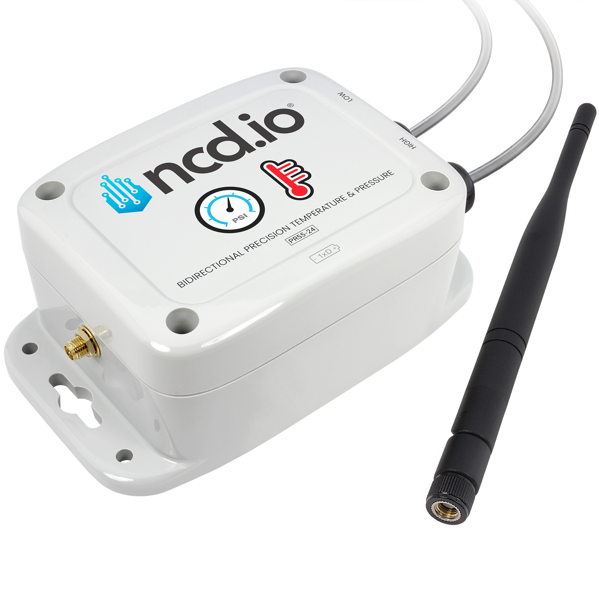 Wireless bidirectional precision temperature and pressure sensor with antenna and two clear pressure tubes