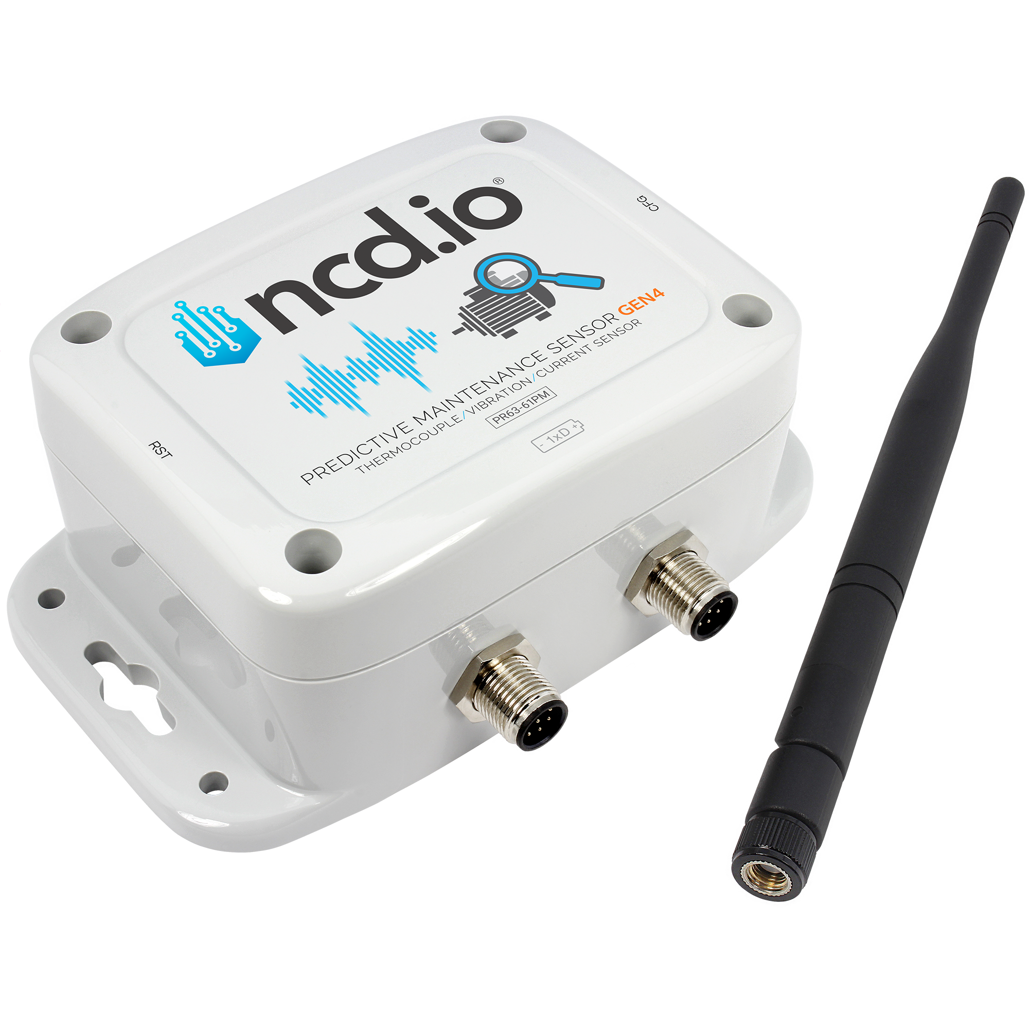 Industrial IoT Wireless Predictive Maintenance Sensor Gen4, the complete kit with enclosure, antenna, vibration probe, thermocouple, and split-core current transformer